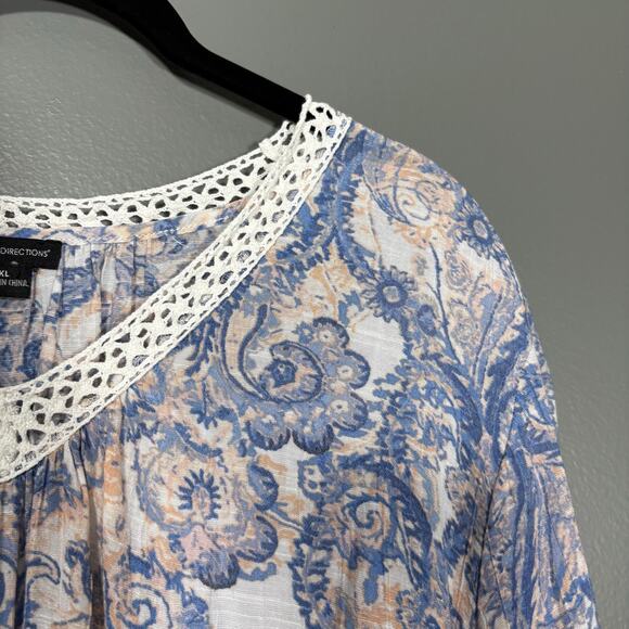 New Directions Women's Blue Paisley Crochet Trim Top - Size XL - Boho Peasant - Picture 2 of 6